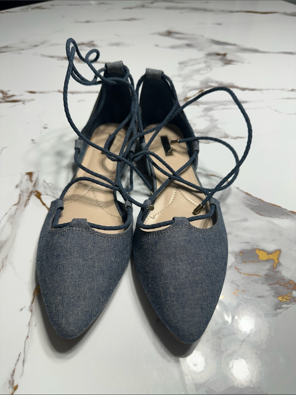 Jennifer Lopez Denim Lace-Up Flats Ballet Style Chic and Trendy. - Picture 5 of 12